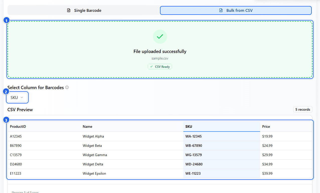 Bulk from CSV: upload area, column picker, and data preview with the barcode column highlighted