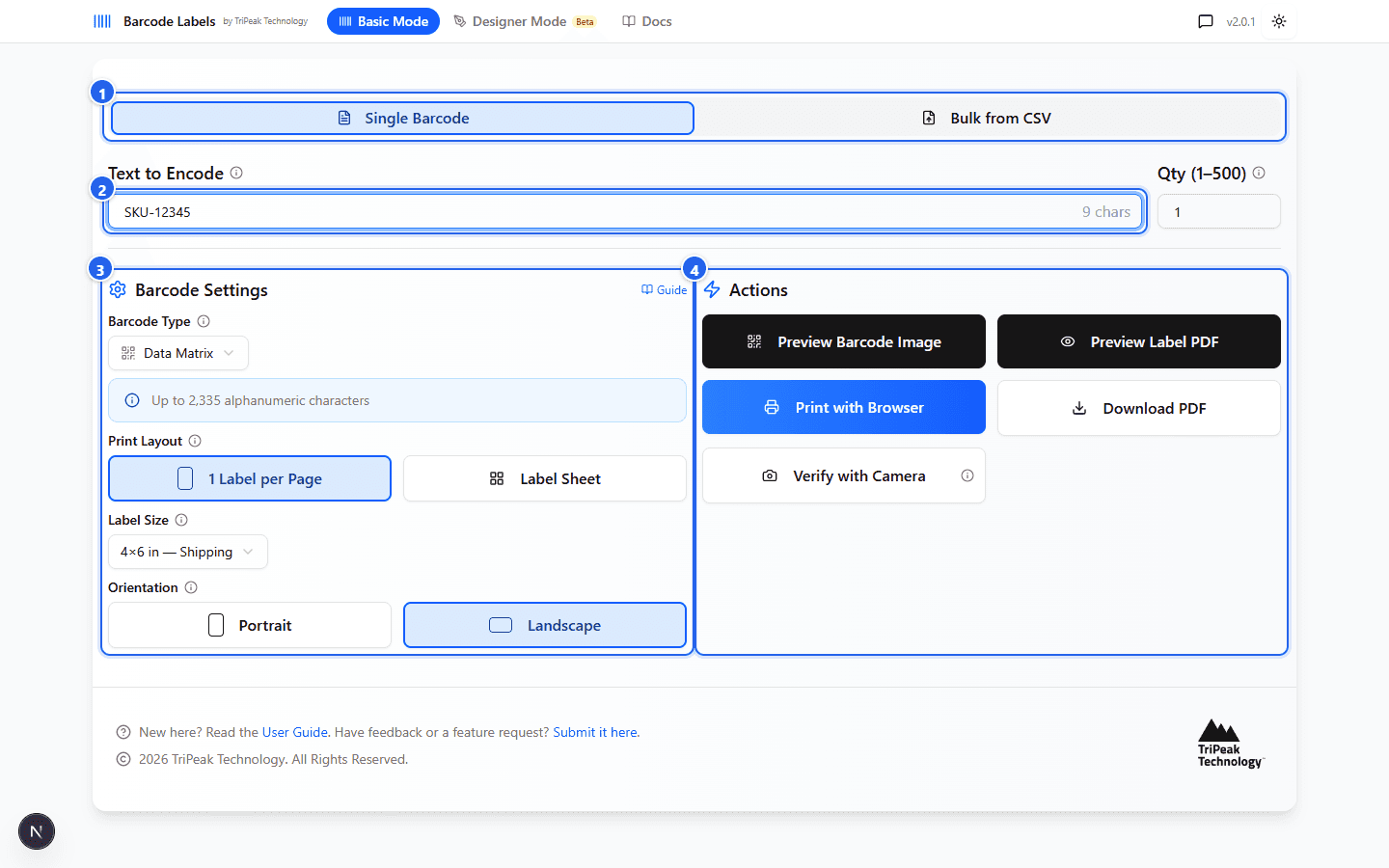 Basic mode with the four main areas numbered: tabs, input, settings, actions
