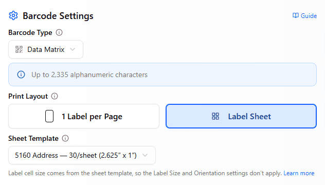 Barcode Settings with Label Sheet layout and the Avery 5160 sheet template selected