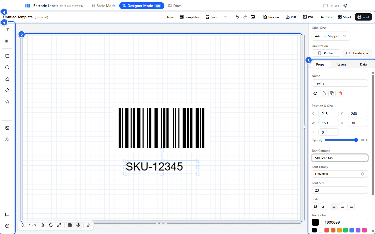 Designer mode with the four main areas numbered: toolbar, canvas, properties panel, top bar