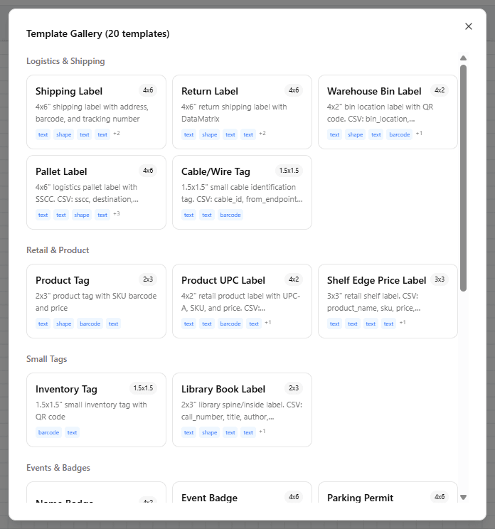 Template gallery with built-in templates grouped by category
