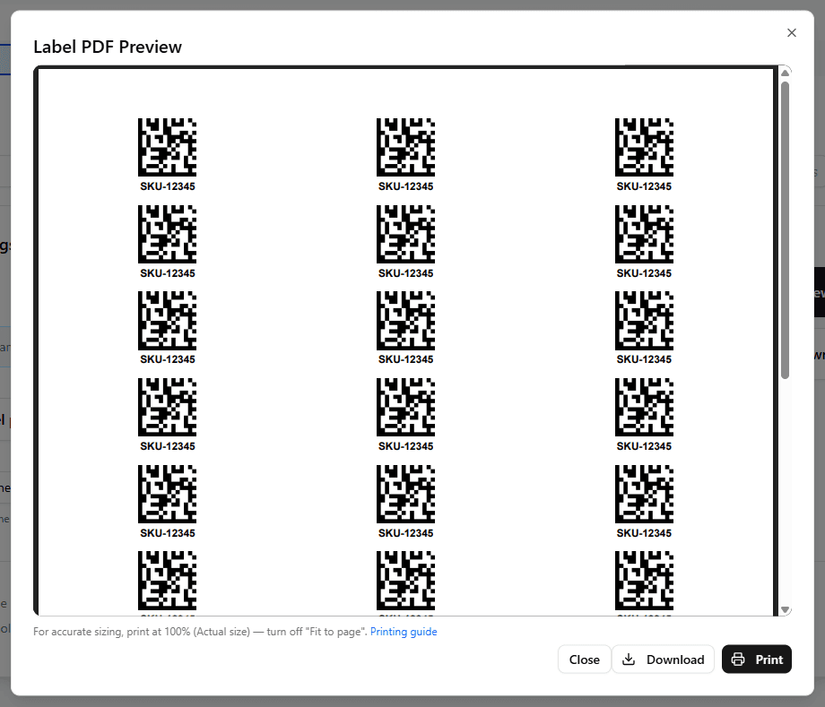 Label PDF preview dialog showing a sheet of labels with Print and Download buttons